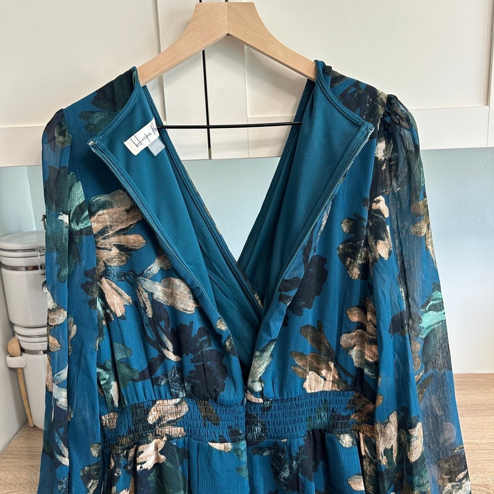 Harper Rose Floral Mini Dress Womens 12 Teal Long Sleeve Smocked Tiered Chiffon - Picture 9 of 9